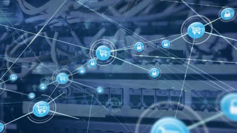 animation of connected icons over wires connected to back panel of data server systems