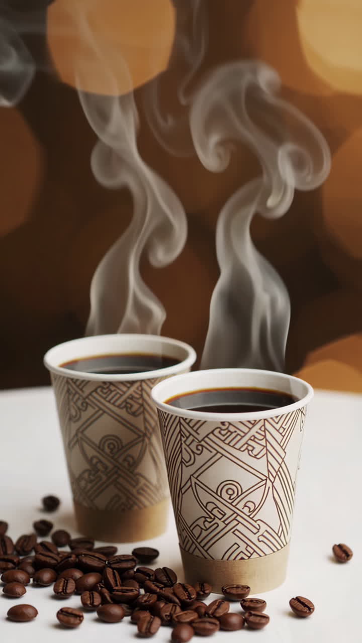 Dampende kaffekopper med kaffebønner og bokeh-baggrund