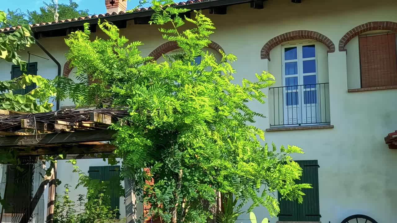 A picturesque view of a house facade with lush greenery and classic windows.