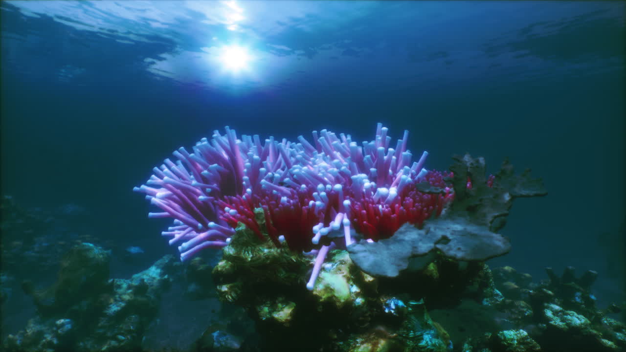 Vibrant coral reef thriving under sunlight in a tranquil underwater world