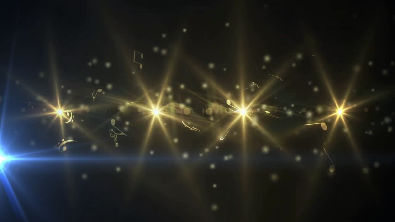 Musical notes and glowing lights animation over dark background