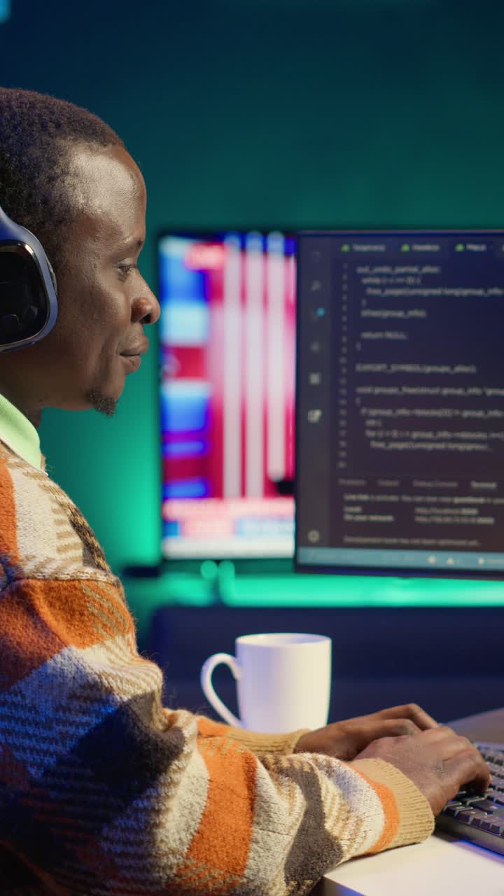 Vertical Video African american worker at desk using personal computer for programming
