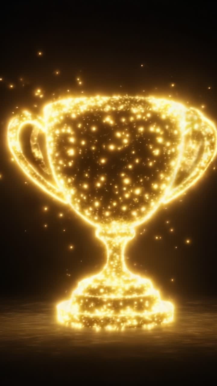 Uno splendido trofeo scintillante illuminato da una luce dorata, che simboleggia il successo e la realizzazione, catturato in una drammatica esposizione visiva di brillantezza.