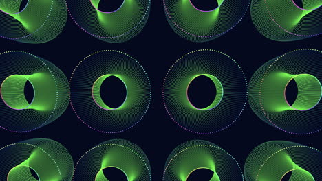 Repeat neon futuristic spheres pattern with rainbow glitters on black gradient