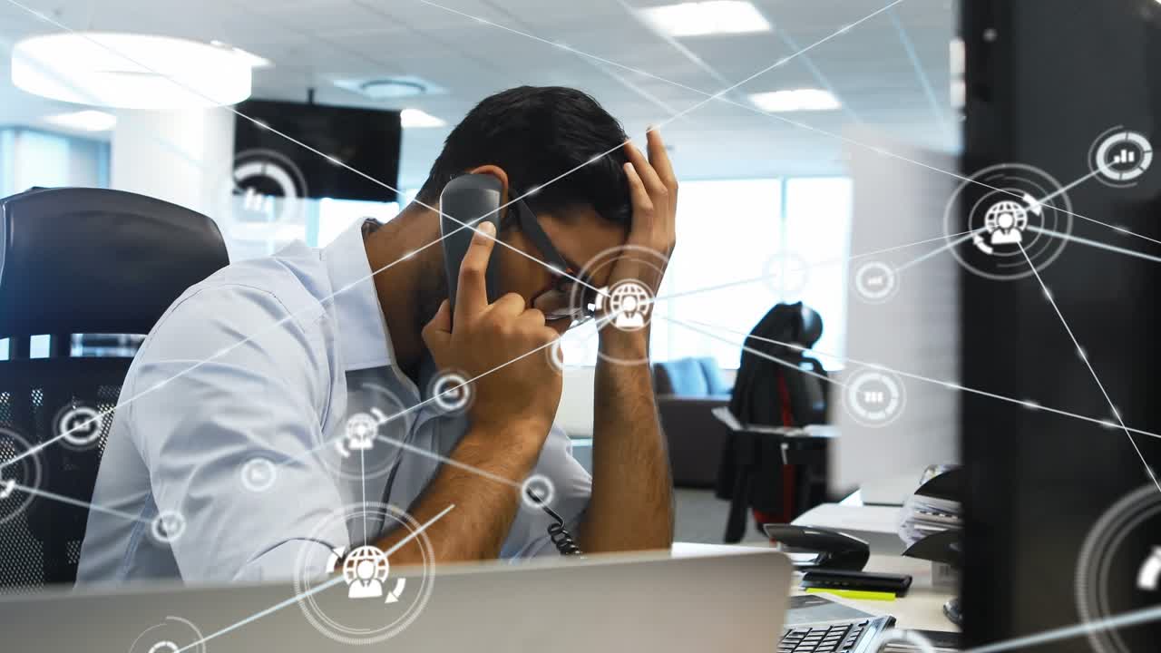 Animation of network of connections with icons over stressed man using smartphone