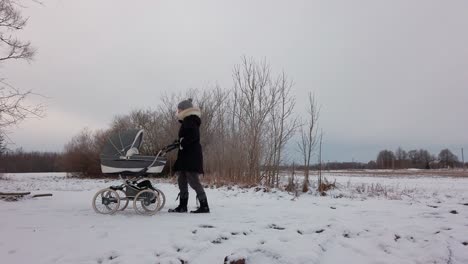 mother slowly push baby carriage on snowy countryside road, overcast winter day