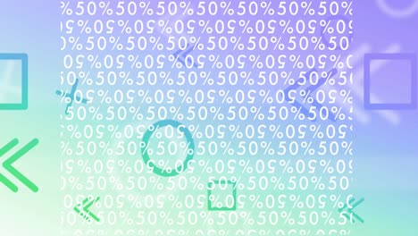 animation of 50 percent text in repetition over geometric shapes on purple to green background