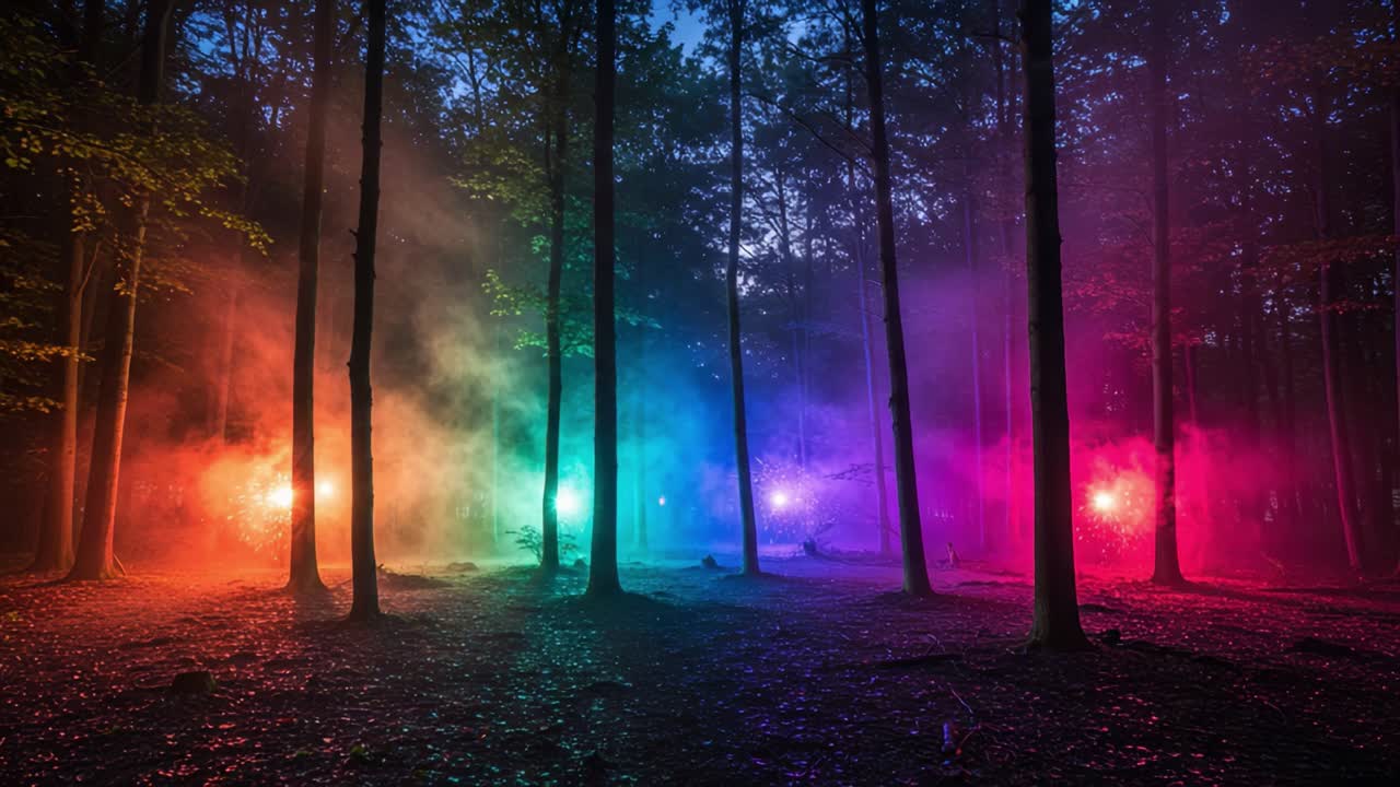 A Mystical Forest Filled with Colorful Smoke and Lights Creates an Enchanting Atmosphere, Illuminating the Trees in Vibrant Shades of Green, Blue, Red, and Purple