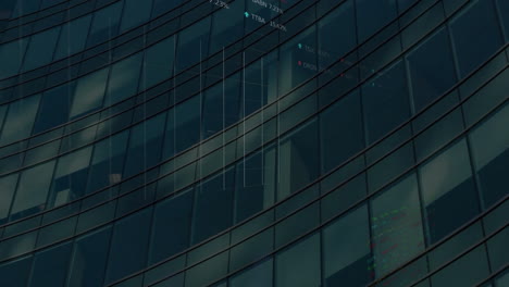 animation of financial data processing over building in city