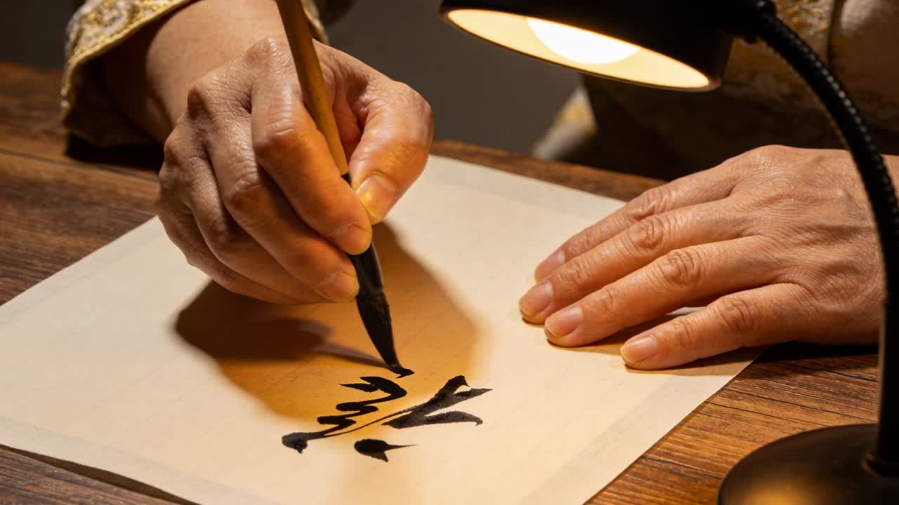 Toccando la punta del pennello, un uomo con un polsino fantasia forma tratti di calligrafia su carta sotto una lampada da scrivania.