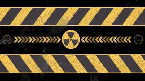 radiation hazard symbol and arrows animation over yellow and black striped background