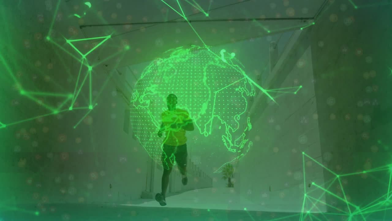 Lead male runner starting, racing toward camera, making green globe grow around him for sports tech