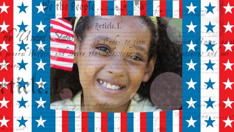 Animación-De-Una-Niña-Sonriente-Sobre-Un-Documento-Y-Una-Bandera-Americana