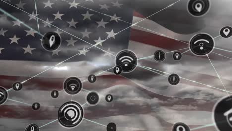 Animation-of-network-of-connections-with-icons-over-flag-of-united-states-of-america-and-clouds