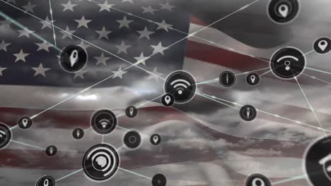 animación de la red de conexiones con iconos sobre la bandera de los estados unidos de américa y nubes