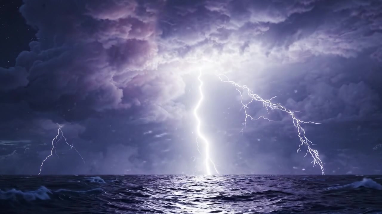 Dramatic Lightning Strikes Over Dark Ocean Waters: A Stunning Display of Nature's Power and Beauty Amidst Chaotic Thunderclouds Reflecting the Dark Night Sky