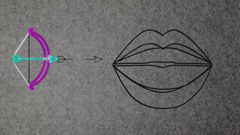 animation of neon bow and arrow and neon lips on gray background