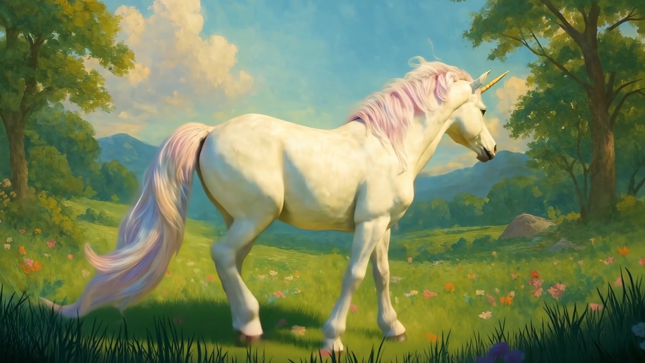 Magical White Unicorn Standing in a Serene Meadow Landscape