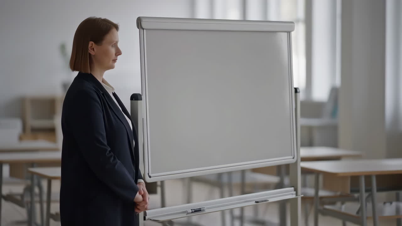 Teacher standing next to an empty whiteboard in a classroom
