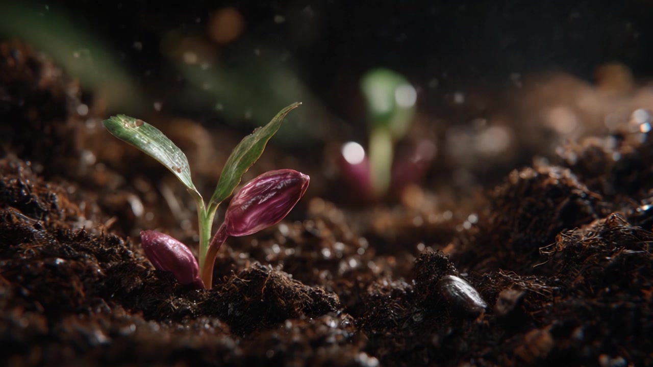 Fresh Sprouts Emerging from Dark Rich Soil Amidst Gentle Raindrops, Symbolizing New Life and Growth in Nature's Garden, Captured in Stunning Detail