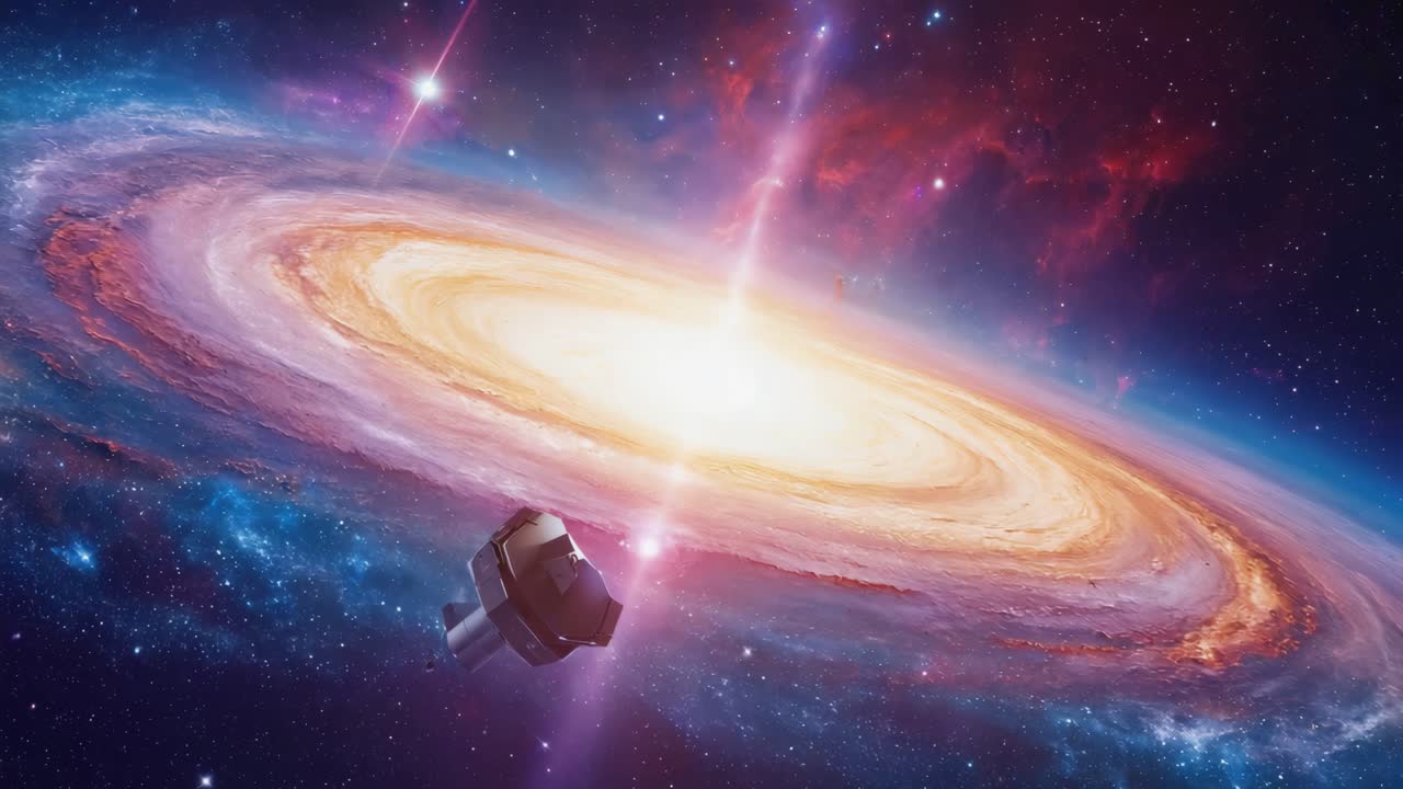 A spacecraft orbiting a luminous spiral galaxy with a central energetic jet