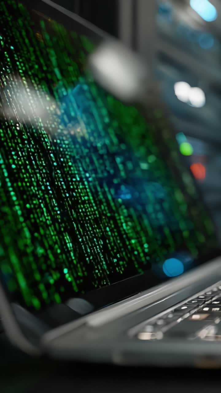 Visualizzazione ravvicinata di un laptop che mostra vivaci pattern di codice verdi su sfondo scuro, a simboleggiare l'elaborazione dati e la sicurezza informatica