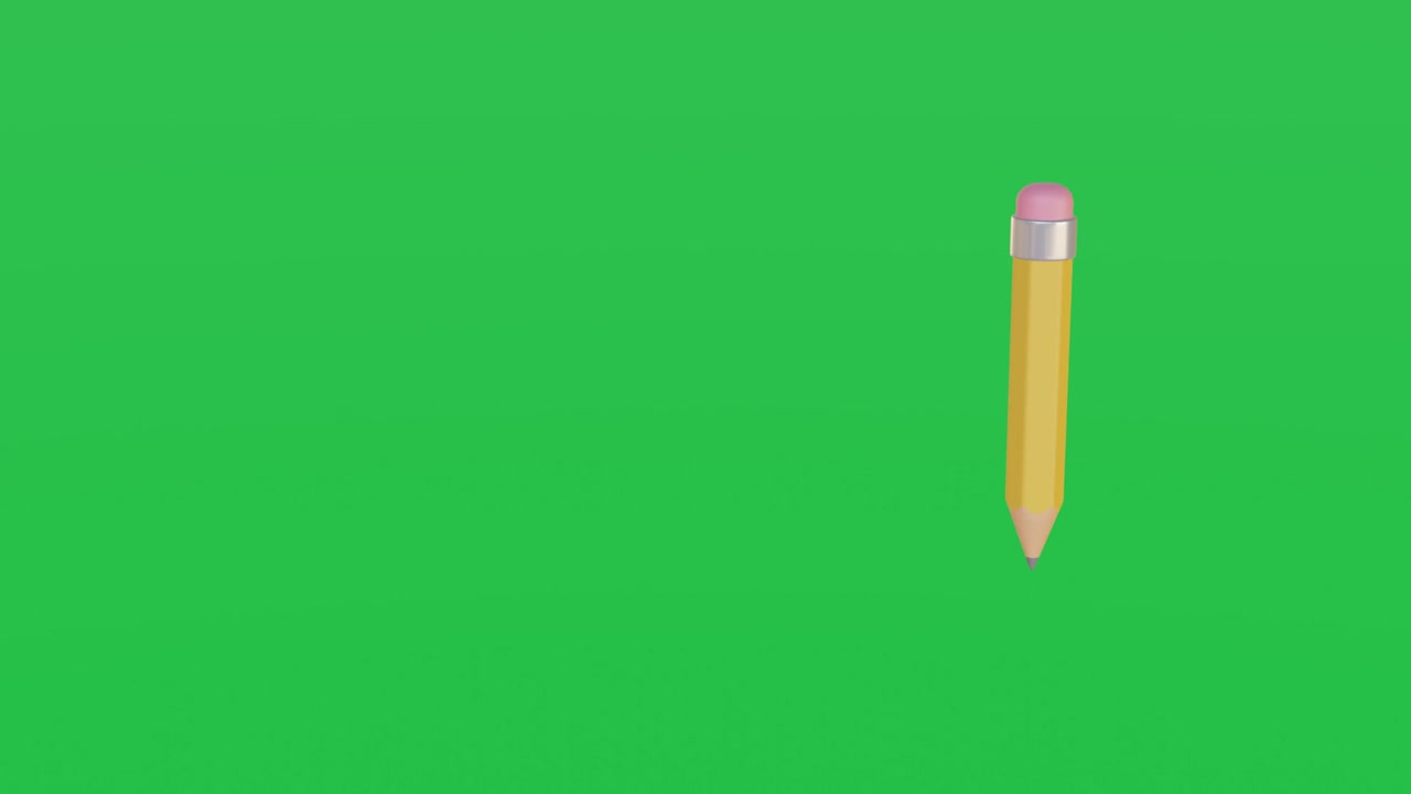 un lápiz simple con un borrador gira alrededor de su eje en el aire. lápiz amarillo con sombra en pantalla verde clave de croma. papelería. oficina, suministros escolares. video en 3d de alta calidad. animación en bucle. 4k