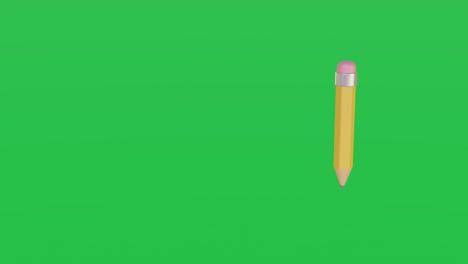 un lápiz simple con un borrador gira alrededor de su eje en el aire. lápiz amarillo con sombra en pantalla verde clave de croma. papelería. oficina, suministros escolares. video en 3d de alta calidad. animación en bucle. 4k