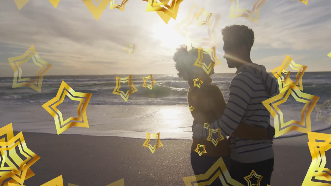 해변에서 두 인종의 커플에 대한 스타의 애니메이션.