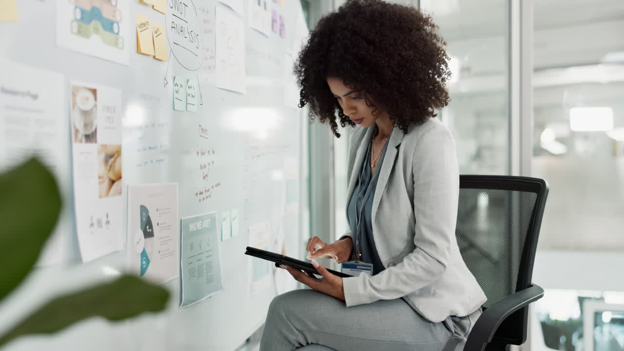 Business, woman and tablet with planning