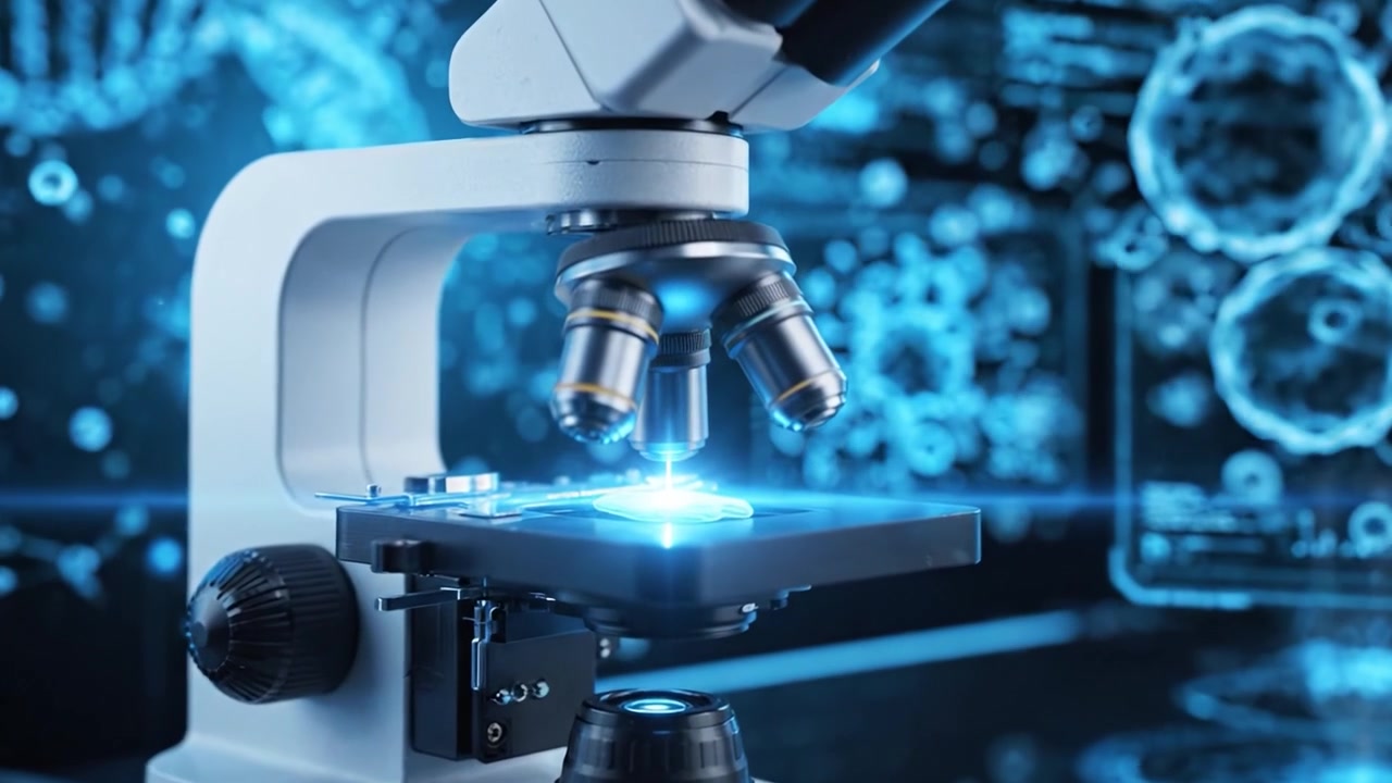 Exploring the Microscopic World: A High-Tech Microscope Capturing Cellular Structures and Genetic Data in a Modern Laboratory Environment