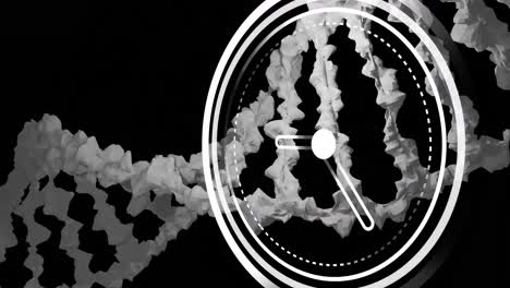 animation of clock moving over dna strand on black background