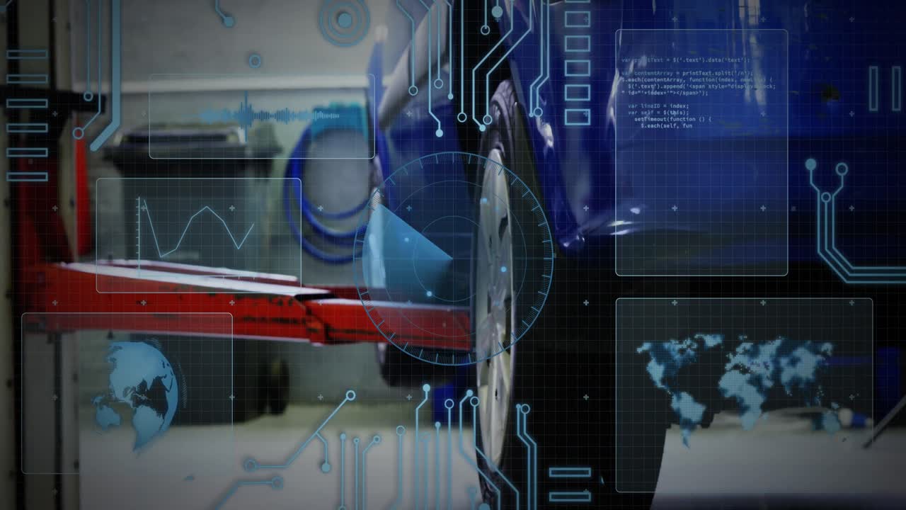 그래프, 레이더, 지구, 지도의 애니메이션 엘리베이터에서 창고에서 자동차를 수집