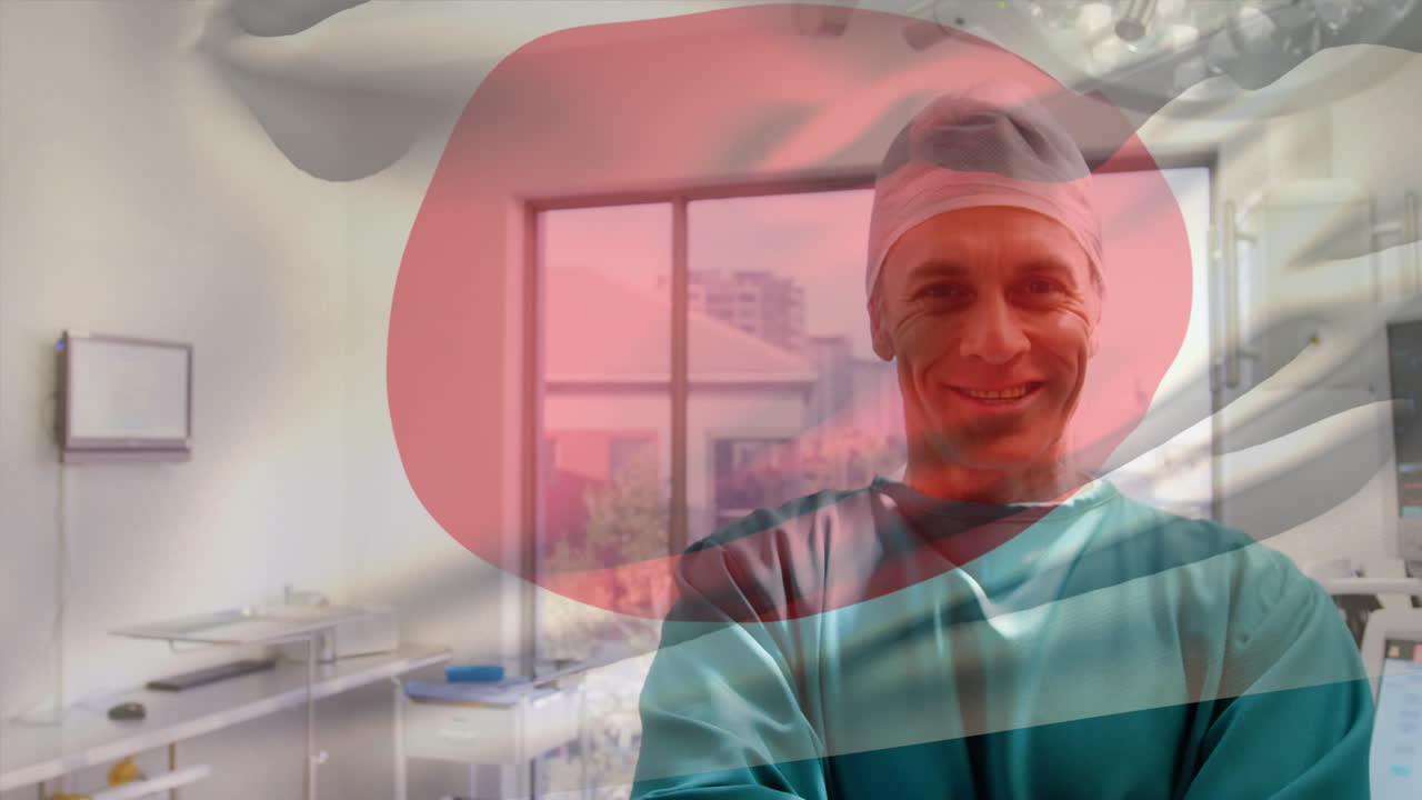 팔을  ⁇ 은 웃는 백인 남성 의사 위에 일본  ⁇ 발의 애니메이션