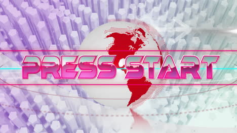 press start text animation over globe and abstract geometric shapes