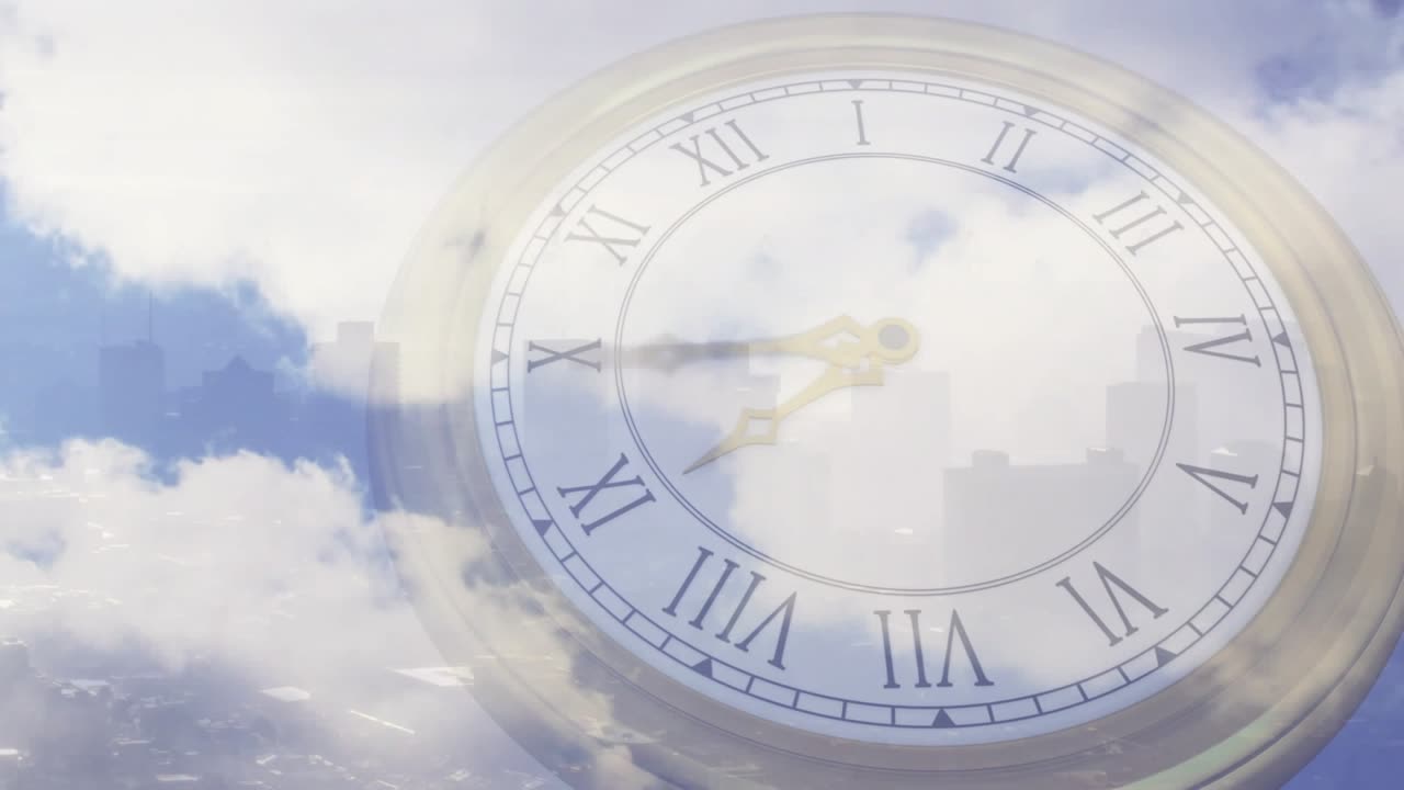 On start roman numeral clock gold hands rotating drifting clouds over city showing time