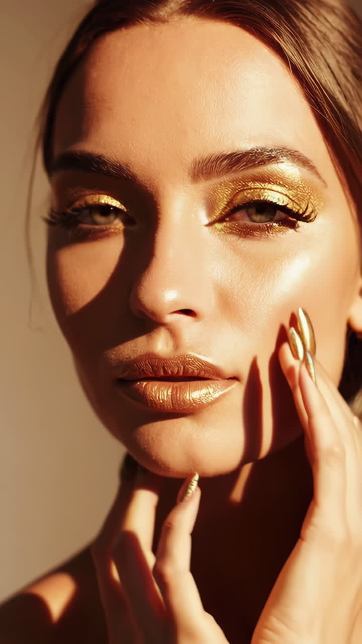 Donna con Trucco Dorato Glamour e Nail Art Metallica