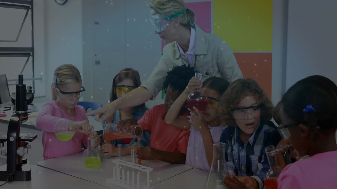 Girl pouring green solution causing peers stirring flasks as teacher dropping reagent in school lab