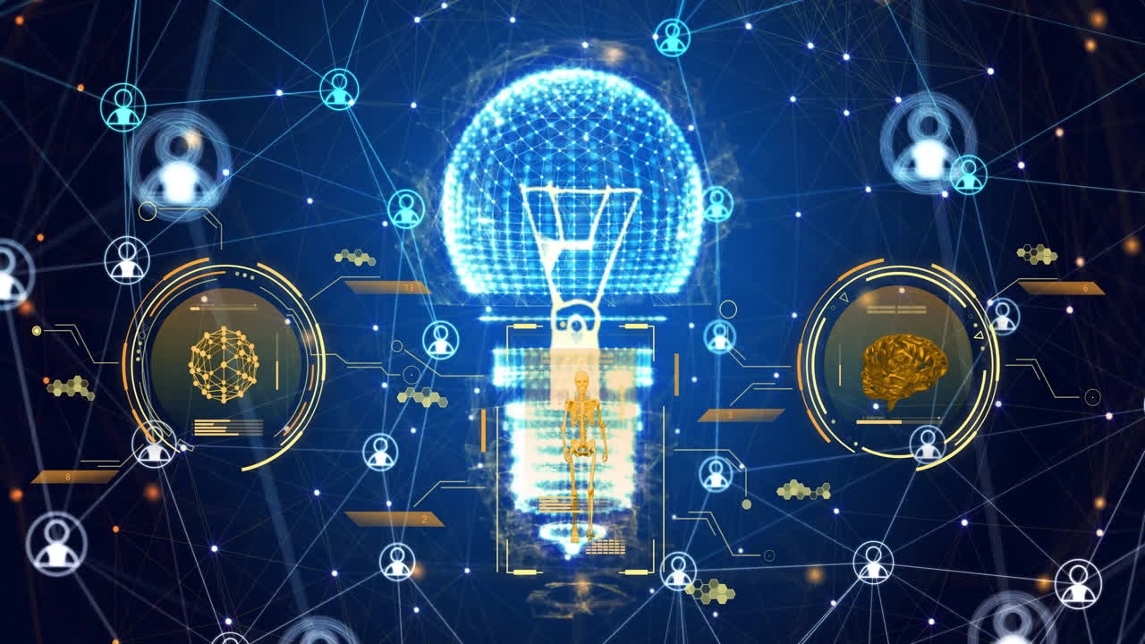 데이터를 처리하는 스캐너, 전구 및 사람들의 네트워크 아이콘의 애니메이션 어두운 배경