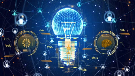animation of scanners processing data, light bulb and network of people icons on dark background