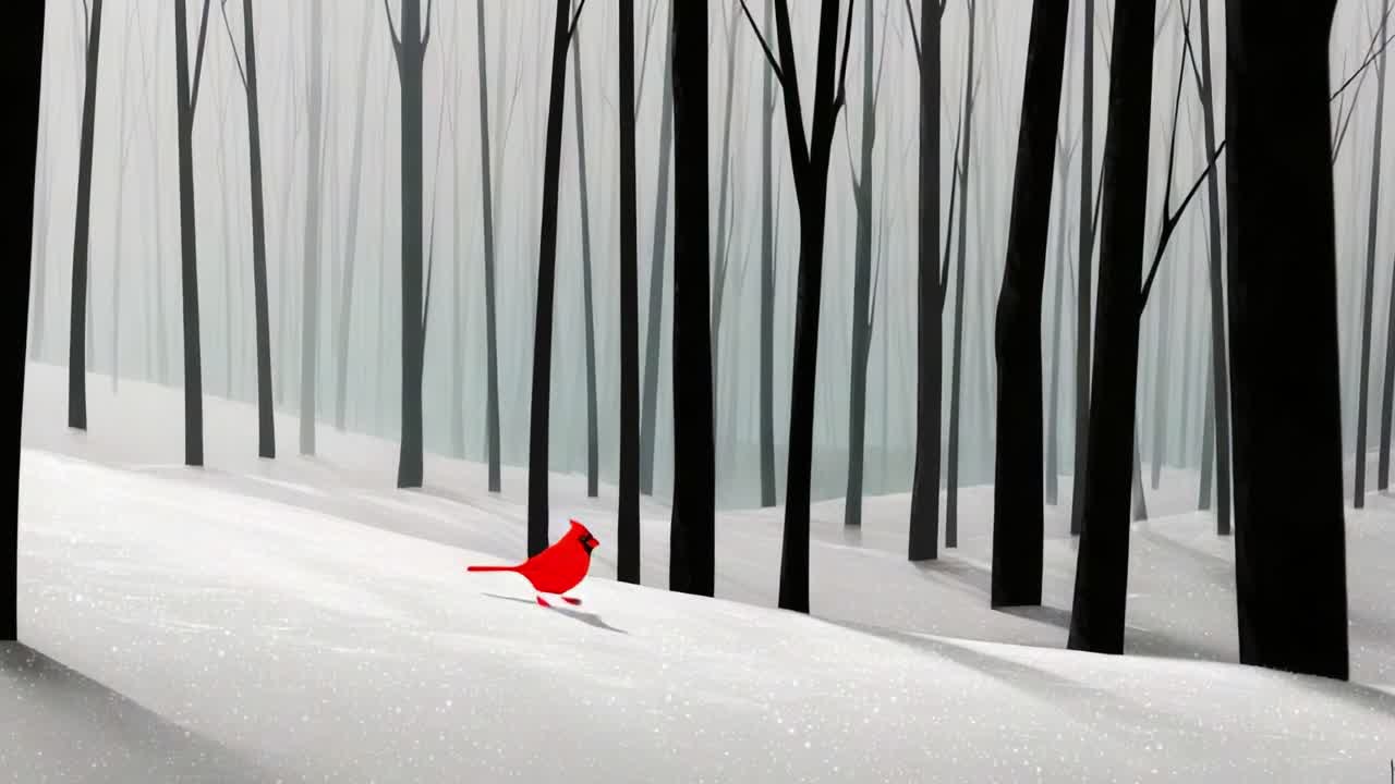 A solitary red bird stands out against a serene winter landscape, where a blanket of soft white snow covers the ground and tall black trees rise in a misty, quiet forest, evoking feelings of peace and solitude