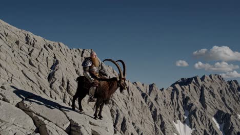 a viking warrior on an ibex in the mountains