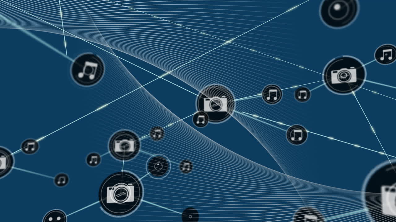 animación de la red de conexiones con iconos sobre fondo azul