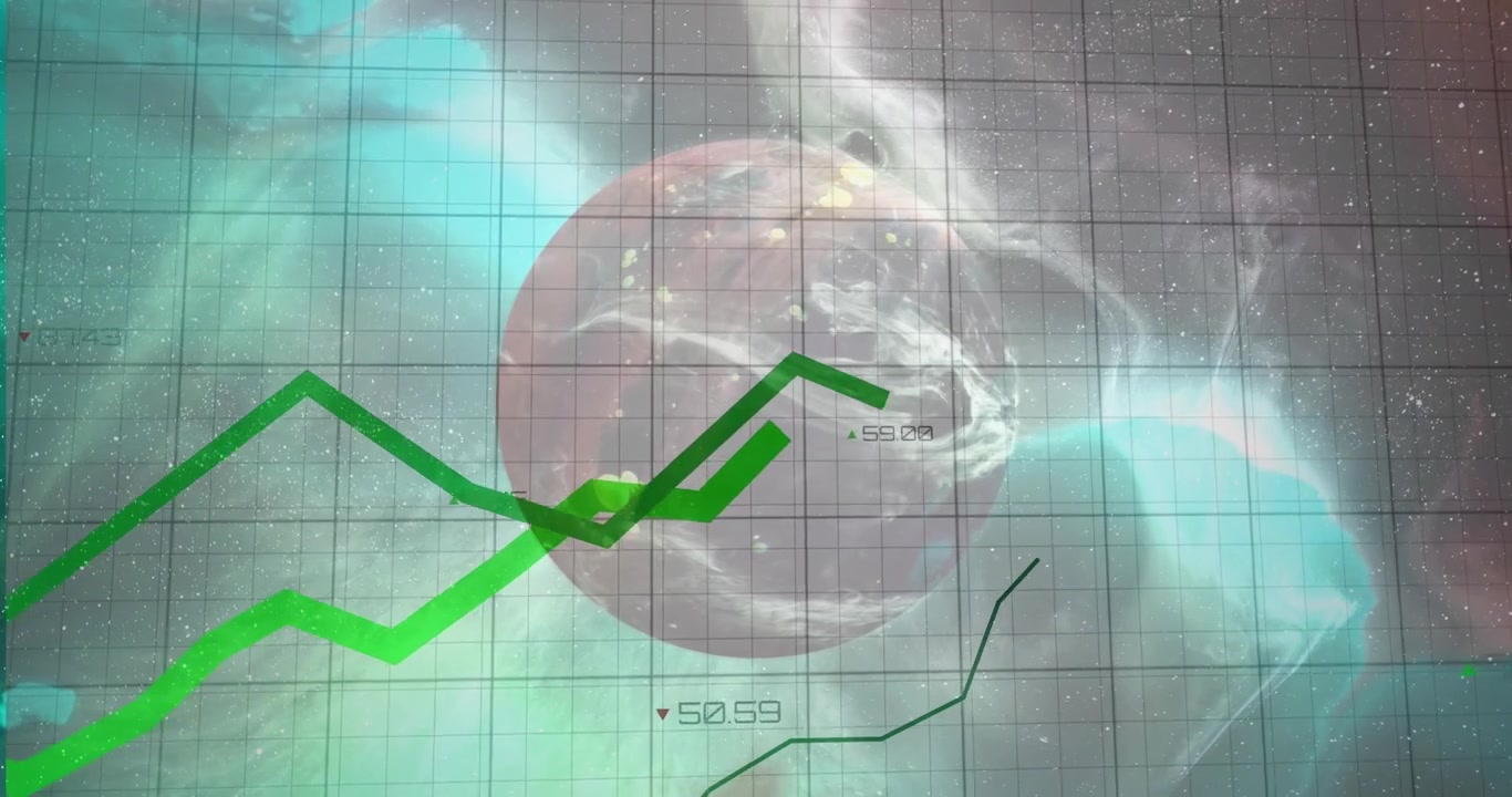 星雲の上にグリッドオーバーレイが現れ、地球が回転し、グローバルトレンドを示すデータラインが流れる。