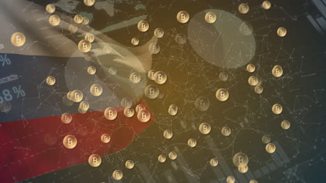 animación de los símbolos de bitcoin sobre el procesamiento de datos y la bandera de rusia