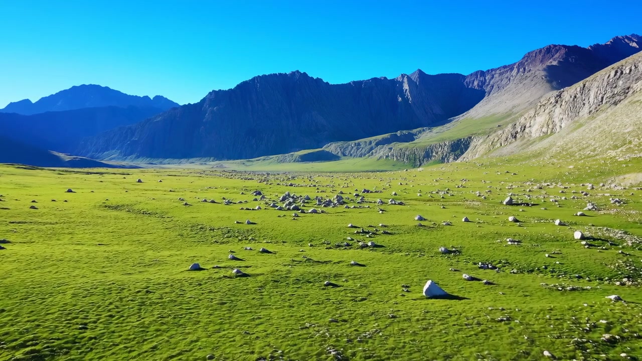 Weite sonnenbeschienene Berglandschaft mit einer leuchtend grünen Wiese im Vordergrund, felsigen Hängen und dunklen Graten dahinter und einem klaren blauen Himmel über dem offenen Tal.