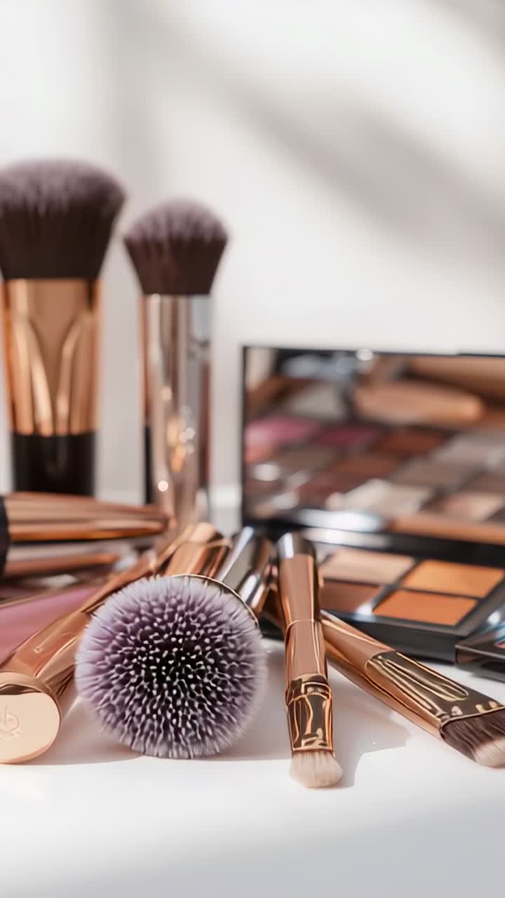 Vertical video: Pulling camera back showing rose-gold kabuki brush and palette on table for detail