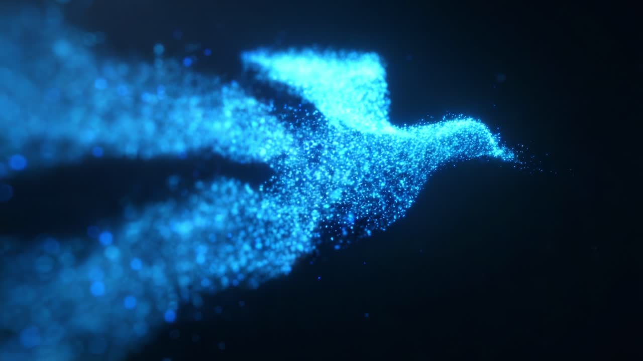 A mesmerizing visual representation of a blue bird formed from a dazzling array of particles, capturing the essence of flight and freedom through vibrant, sparkling light effects