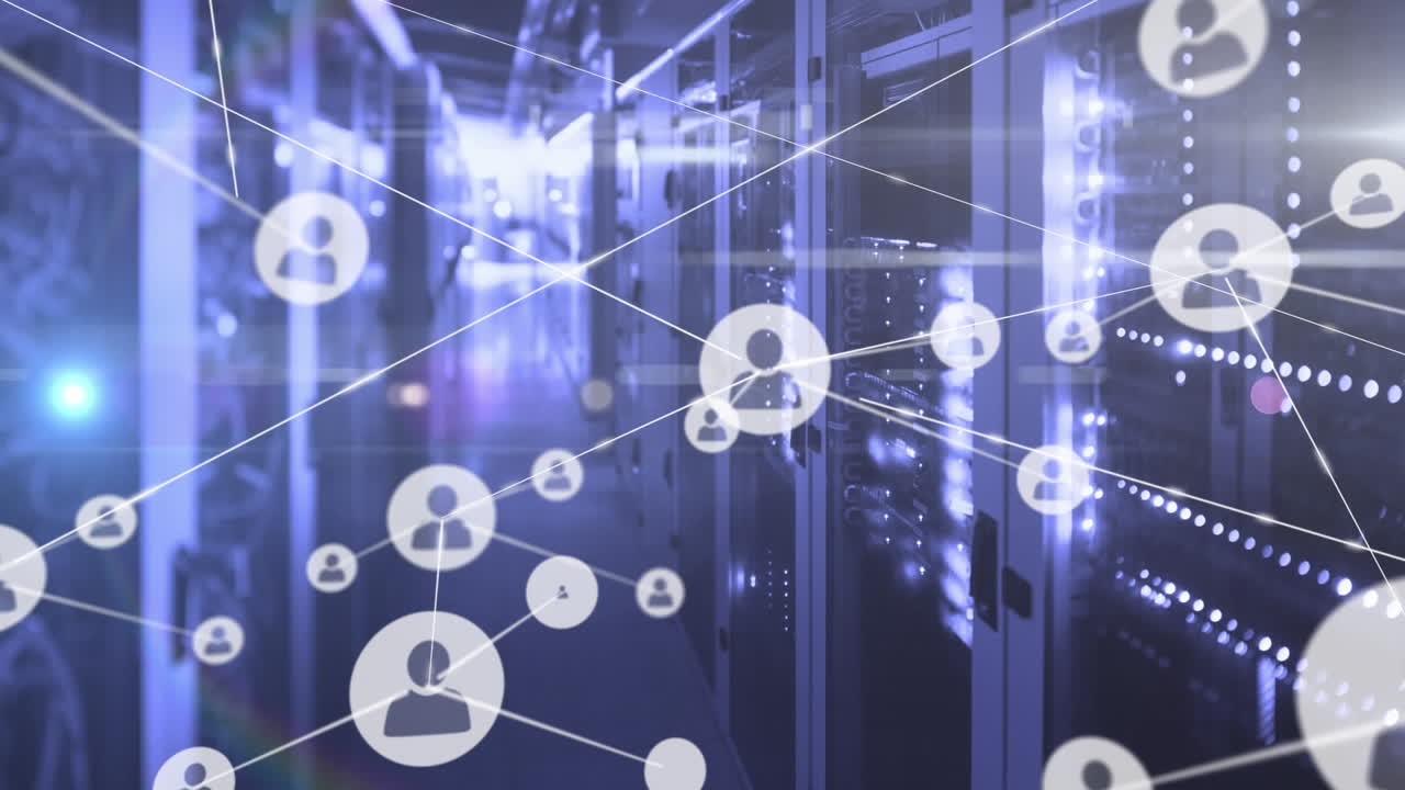 Animation of network of profile icons and rainbow lens flare against computer server room