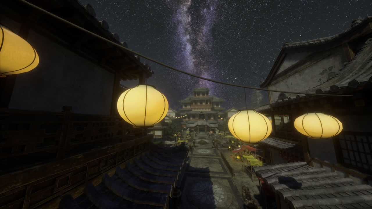 Lanterns illuminate a traditional village under a starry night sky
